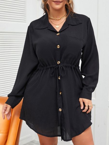 

plus drawstring waist button front shirt dress 21fa#, Black