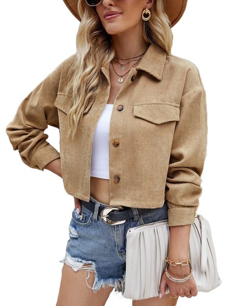 

flap detail drop shoulder corduroy jacket x22r#, Black;brown