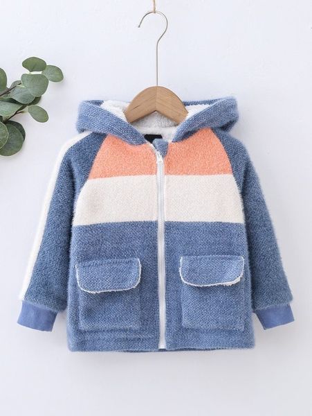 

toddler boys colorblock raglan sleeve flap pocket hooded coral fleece coat she, Blue;gray