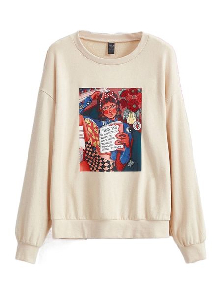 

x ashley baxter slogan & figure graphic drop shoulder sweatshirt 86aq#, Black