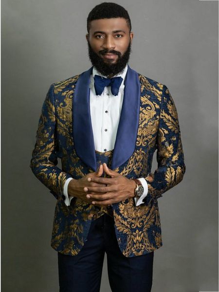 

navy blue with gold pattern groom tuxedos shawl lapel wedding/prom/dinner classic style men business suits blazer sets (jacket+pants+vest+ti, Black;gray