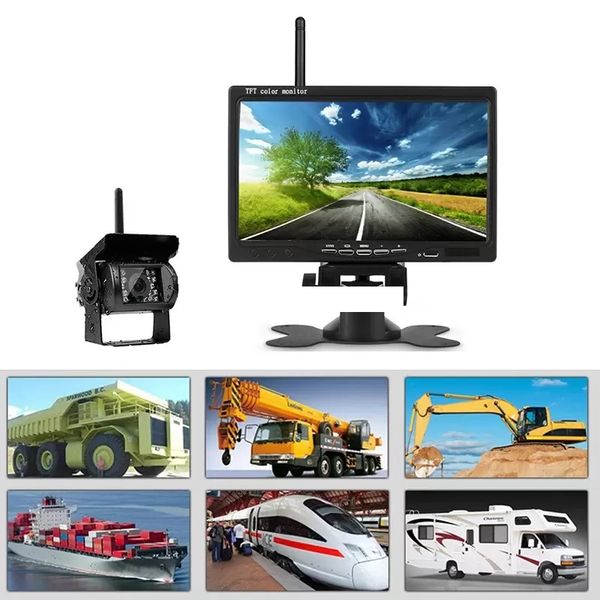 

wireless vehicle rear view monitor backup camera parking system with car charger for truck rv trailer bus harvester