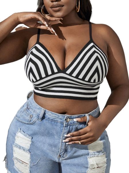 

plus striped pattern crop knit o8em#, Black