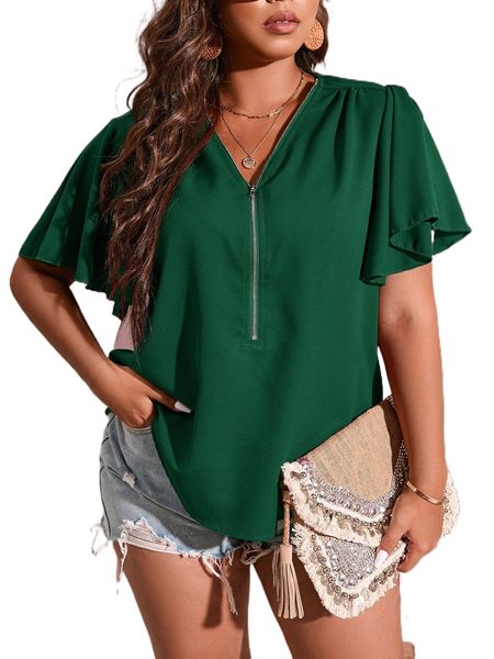 

plus half zip butterfly sleeve blouse q6nt#, Black