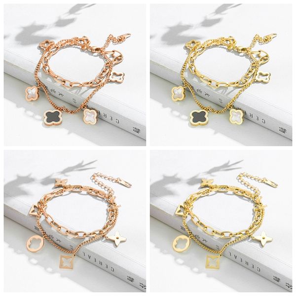 

pretty double layer openwork stainless steel clover charm bracelet lucky four leaf women jewelry for women gift, Golden;silver