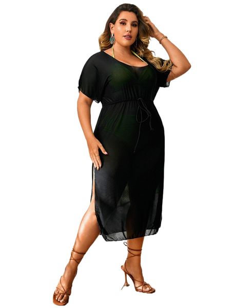 

plus drawstring waist split thigh cover up without bikini b457#, Black