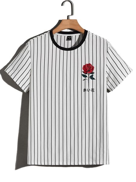

men vertical striped & japanese letter graphic contrast trim tee p2t3#, White;black