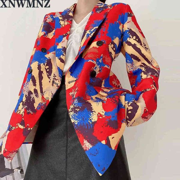 

za women street fashion blazers loose double breasted suit graffiti printed mid long coat pocket streetwear casual jacket female 210513, White;black