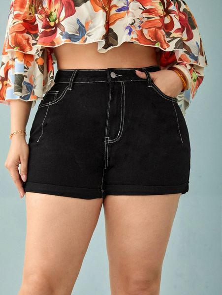 

plus slant pocket roll up hem denim shorts i8jf#, White;black