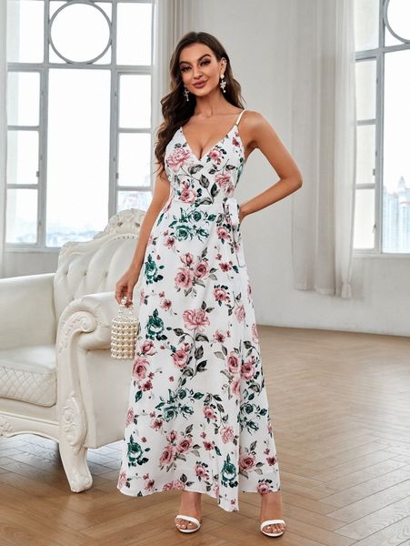 

floral print wrap knot side cami dress u1qo#, Black;gray