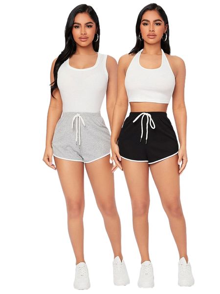 

petite 2pcs drawstring waist contrast binding shorts g4k4#, White;black