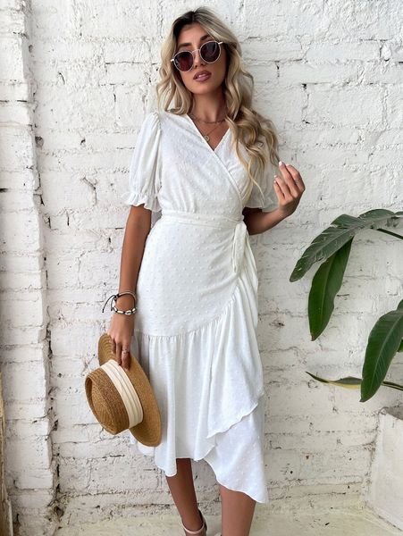 

swiss dot puff sleeve ruffle wrap hem belted dress v1rj#, Black;gray