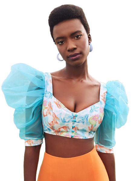 

x amof fish & floral print contrast mesh puff sleeve crop k1tj#, White