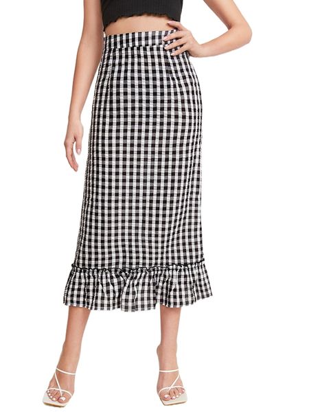 

frill trim ruffle hem gingham skirt p7it#, Black