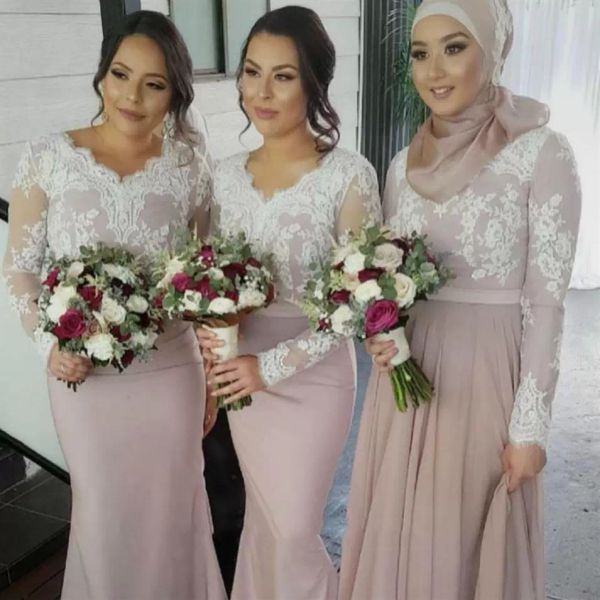 2022 Duty Pembe Deniz Kızı Bridemaid Dree A Hat V Taraklı Boyun Uzun Kollu Dantel Hizmetçi Onur elbisesi Cutom Yapımı Plaj Boho Düğün Partisi Resmi Giyim