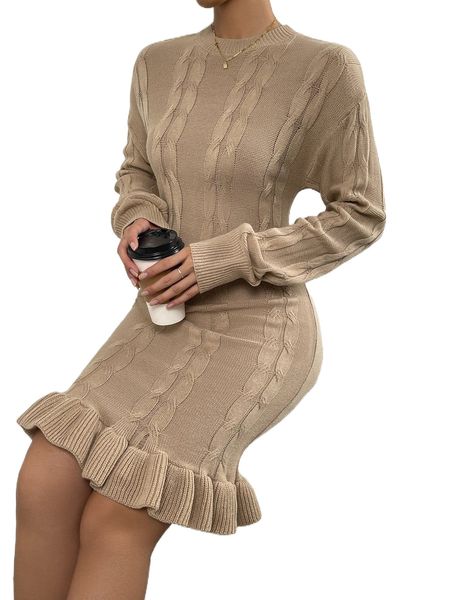 

drop shoulder ruffle hem cable knit sweater dress o0gw#, White;black