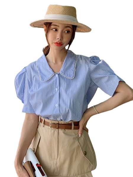 

dazy vertical striped puff sleeve button through blouse b6jw#, White