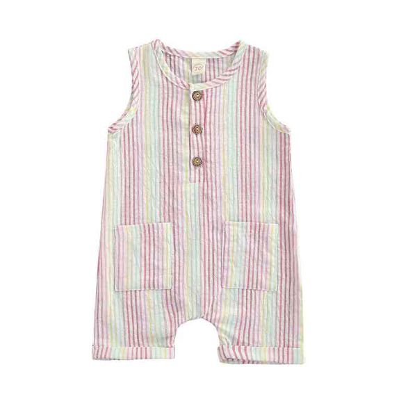 

2021 0-12m cute infant baby girl playsuit summer new pink striped button pockets sleeveless outfit g220521, Blue
