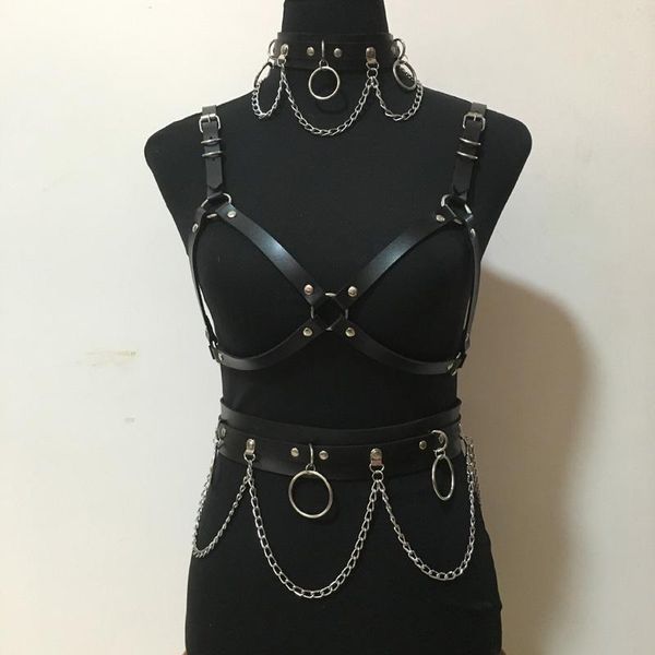 Ремни женщины черная искусственная кожа широкая талия с металлической цепной жгуной грудь ночной клуб украшения для женщин