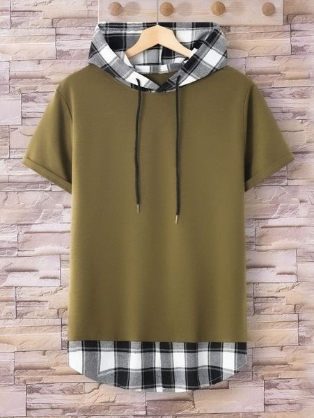 

men plaid drawstring hooded 2 in 1 tee z2jp#, White;black