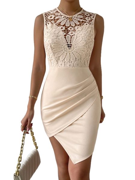 

lace insert round neck wrap detail bodycon dress 37ta#, Black;gray