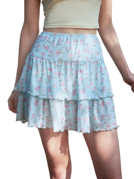 

romwe ditsy floral tiered layer skirt y9oc#, Black