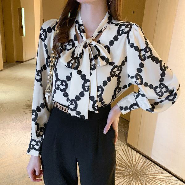 

women's blouses & shirts designer lace-up bow letter print women shirt lantern long sleeve chiffon blouse v-neck french button versatil, White