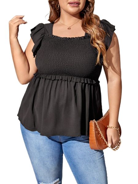 

plus shirred square neck butterfly sleeve peplum blouse t9tn#, Black