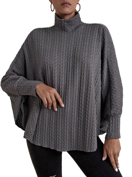 

cable textured high neck batwing sleeve tee k5rs#, White