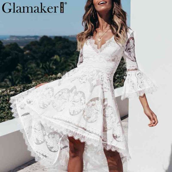 

glamaker irregular lace ruffle dress women flare sleeve white beach dress elegant female party midi club summer dress 210414, Black;gray