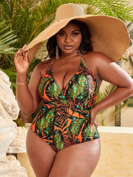 

plus tropical print cross back one piece swimsuit m5av#, White;black