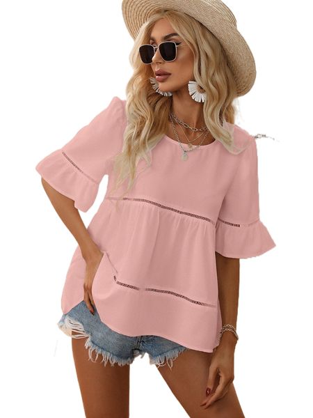 

guipure lace insert flounce sleeve ruffle hem blouse 5038#, White
