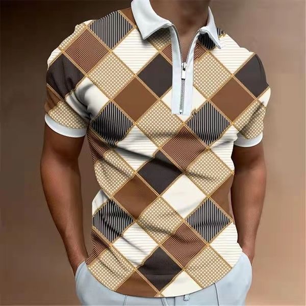 

men slim polo shirt summer fashion plaid patchwork short sleeve for casual men's turn-down collar zip-up polo shirts 220610, White;black
