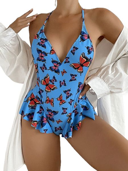 

random butterfly print crisscross backless ruffle trim one piece swimsuit 43bm#, White;black