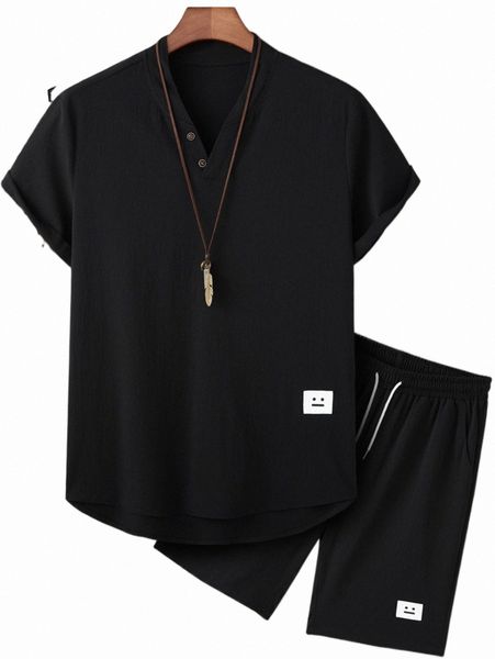 

men cartoon graphic quarter button shirt & drawstring waist shorts d58f#, Gray