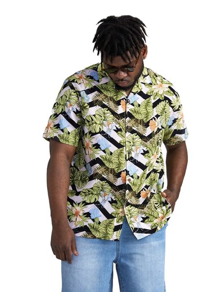 

extended sizes men tropical and chevron print shirt a4ma#, White;black