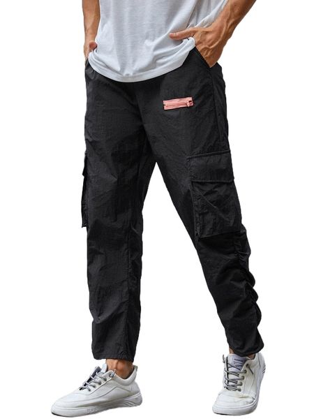 

men zip detail flap pocket drawstring waist cargo pants z3zs#, Black