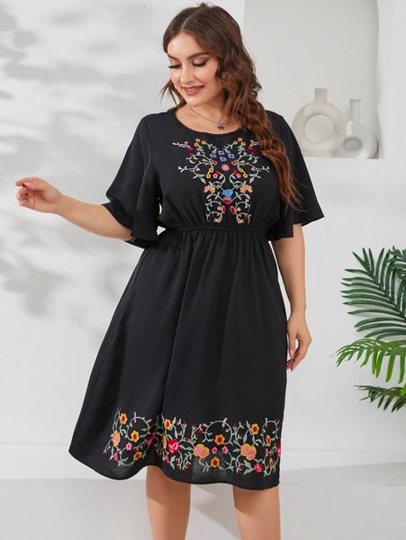 

plus floral embroidery butterfly sleeve dress g8mt#, Black