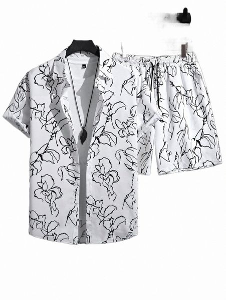 

men random floral print shirt & drawstring waist shorts without tee g9vd#, Gray