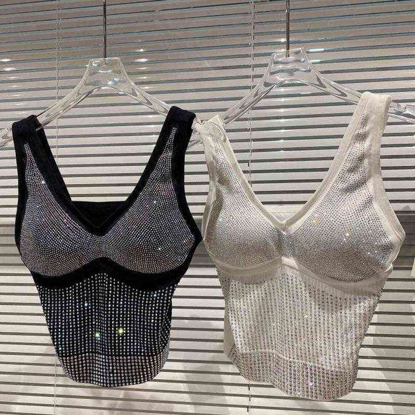 

premium fall arrival sleeveless v neck rhinestone shiny tank women crop gc657, White