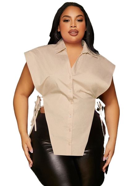 

sxy plus button front knot side asymmetrical hem blouse x1tv#, Black