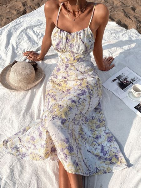 

random graphic ruched bust tie back cami dress c56k#, Black;gray