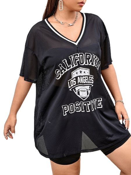 

plus letter graphic contrast trim drop shoulder mesh b8gv#, Black