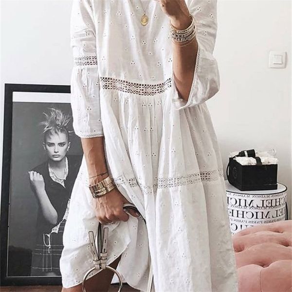 

lace dress white women elegant embroidered summer floral hollow out loose beach sunderss female splicing party vestidos 220614, Black;gray