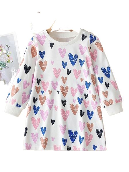 

toddler girls allover heart print sweatshirt dress t8es#, Black;white