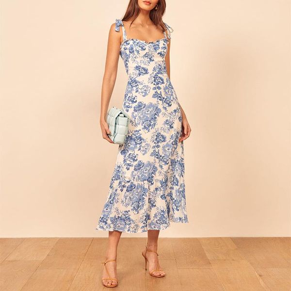 

casual dresses summer women 2022 vintage blue white floral print dress woman spaghetti strap tie chiffon elegant ruffle midi, Black;gray