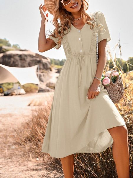 

puff sleeve eyelet embroidery ruffle trim knot front dress s1su#, Black;gray