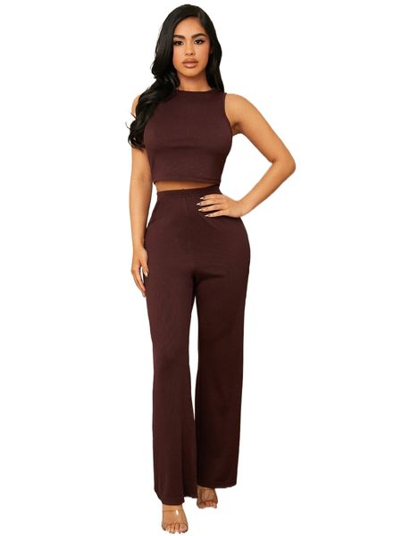 

rib-knit tank & pants set c3yj#, Black;red