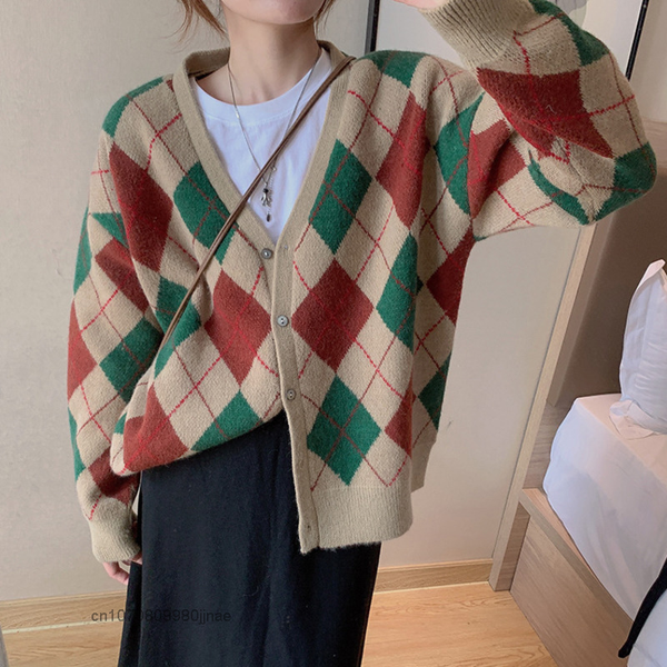 

sweet diamond lattice cardigan korea style luxury women autumn loose casual knitted cotton long sleeve sweater vintage clothes, White;black