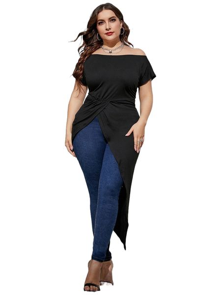 

plus off shoulder asymmetrical hem tee z1a2#, Black